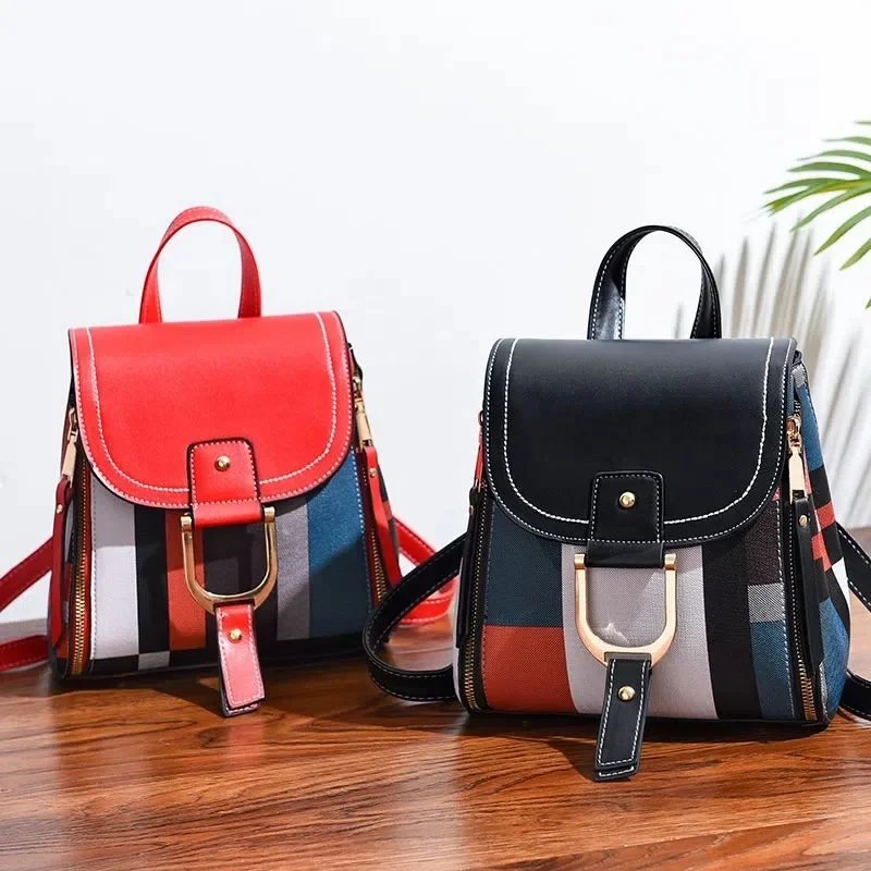 PU Leather Plaid Backpack Splicing Backpack for Women Multi-Function Knapsack Teenager School Bag Leisure Lock Backpack 4