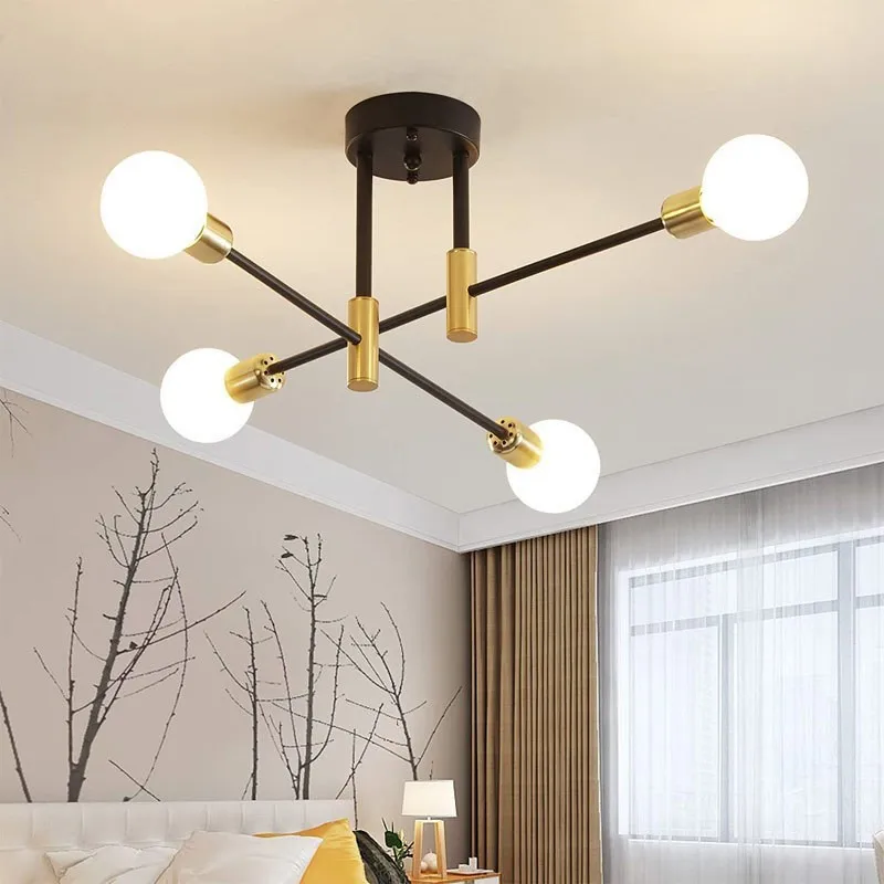 

Modern Sputnik Chandelier Nordic Semi Flush Mount Ceiling Lamp Brushed Antique Gold Home Decor Lighting Fixture E27