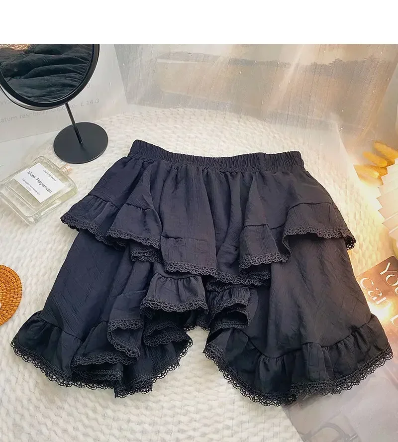Lace High Waist Irregular Cake Skirts for Women A-line Sweet Girls All-match Korean Fashion Spring Summer Black White