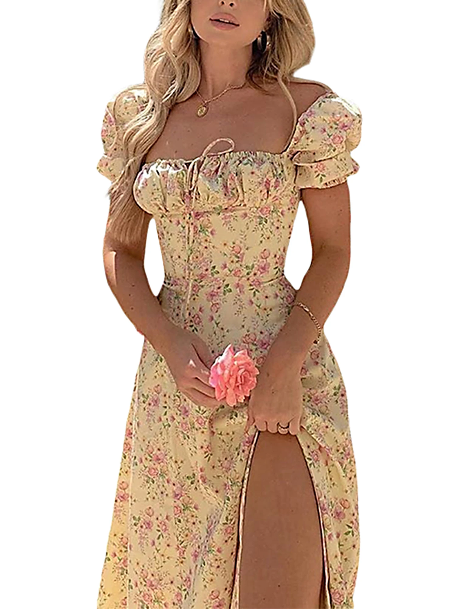 Elegant Floral Maxi Dress for Women with Puff Sleeves and Split