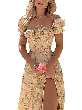 Elegant Women s Maxi Dress with Puff Sleeves Lace-Up Detail Floral Print and High Side Split for a Stylish Look 6