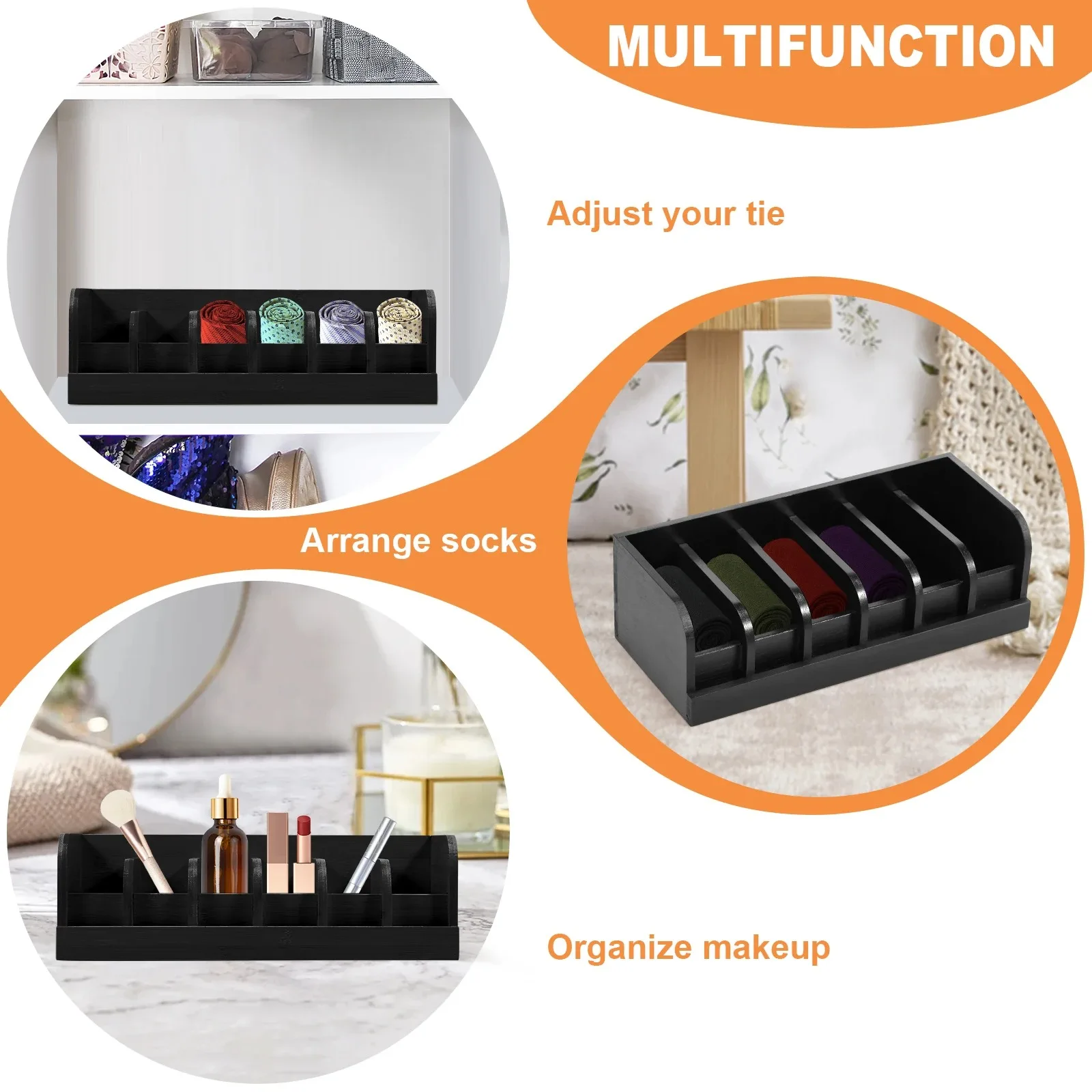 Natural Bamboo Belt Organizer 6-Grids Closet Belt Storage Rack Save Space Multipurpose Drawer Tie Purse Storage Displayer Holder 5