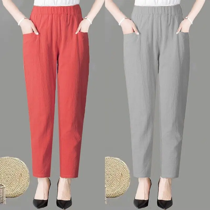 Large Size Korean Casual Thin Cotton Linen Pants Women Spring Summer Elastic Waist Ankle-Length Pants Woman Harem Trousers
