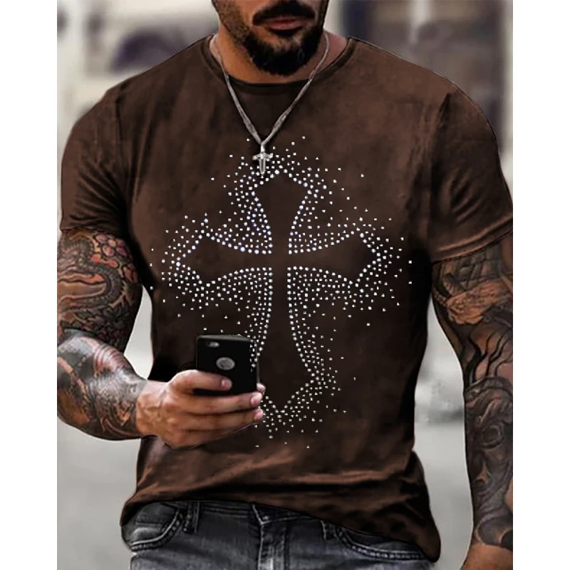 

High Quality Fashion Men's Clothing Oversized Tee y2k Cross Rhinestone Designer Short Sleeve Tops Daily Casual Street T-Shirt