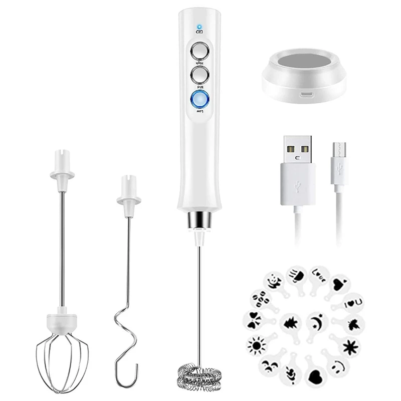 

Milk Frother Handheld, USB Rechargeable 3 Speeds Mini Electric Milk Foam Maker Blender Mixer For Coffee, Latte, (White)