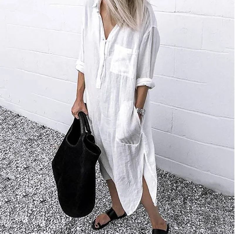 

Women Tunics Elegant Midi Shirt Dresses for Work Office Spring White Dress Sexy Long Sleeve Lapel Button Side Split Solid Robe