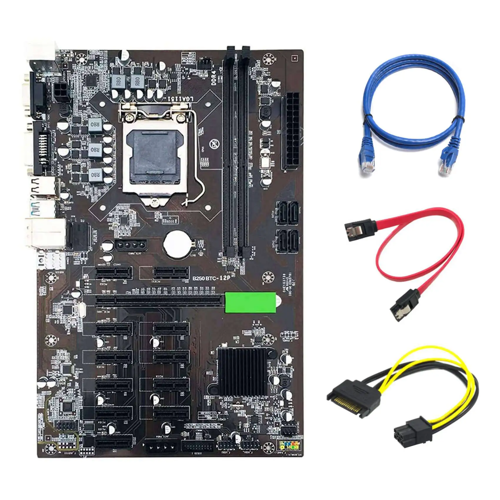 

Материнская плата B250 для майнинга BTC с кабелем SATA 15Pin к 6Pin + кабель RJ45 + кабель SATA 12x, слот для графической карты LGA 1151 для BTC