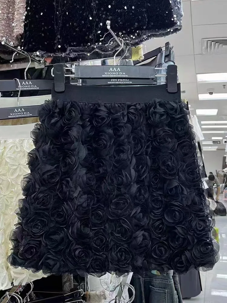 Solid Color Three-dimensional Rose Blossoms Short Skirts Women 2025 Sweet High Waist Elegant Skirt