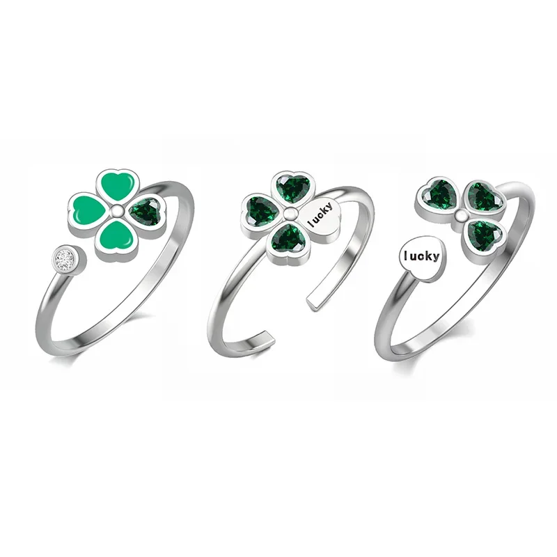 FC 925 Sterling Silver Good Luck Shamrock Patricks Four Leaf Clover Adjust Open Stackable Finger Rings For Women Girl Teens Gift
