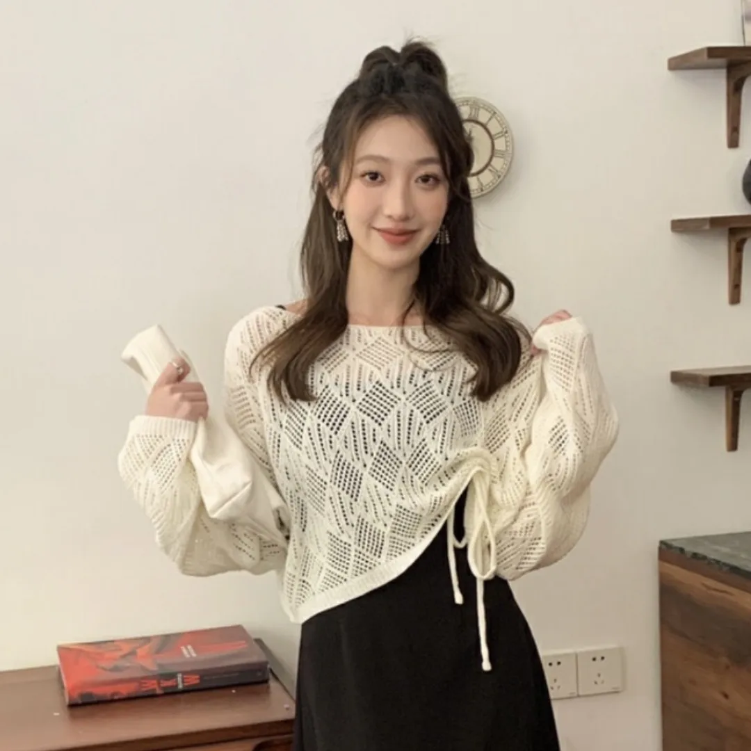 

Thin Knitted Hollow Out Top Women Summer Long Sleeve Irregular Lace Up Casual Loose Pullover Sweater Korean Fashion Oversized