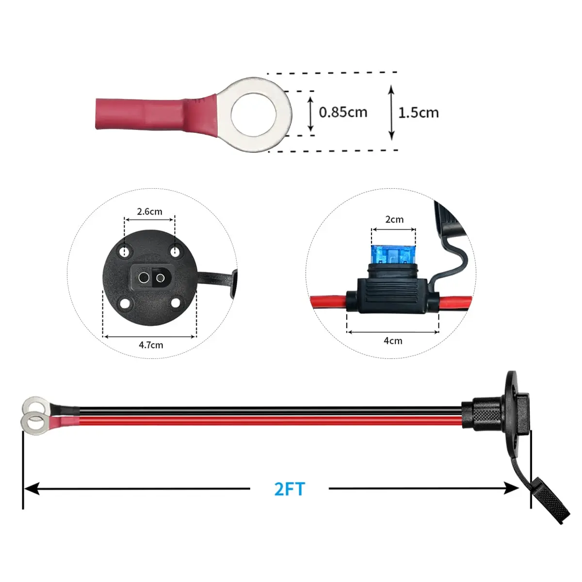 2피트 10AWG SAE 전원 소켓 측벽 포트 - O 링 커넥터 연장 코드 케이블 (10A, 15A, 20A, 25A, 30A 퓨즈 포함, 태양광 액세스용)
