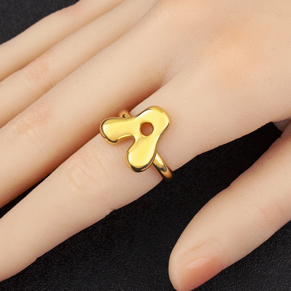 AIBEF Fashion Hollow Name A-Z Letter Gold Color Adjustable Opening Ring Initials Family Alphabet Female Party Exclusive Jewelry