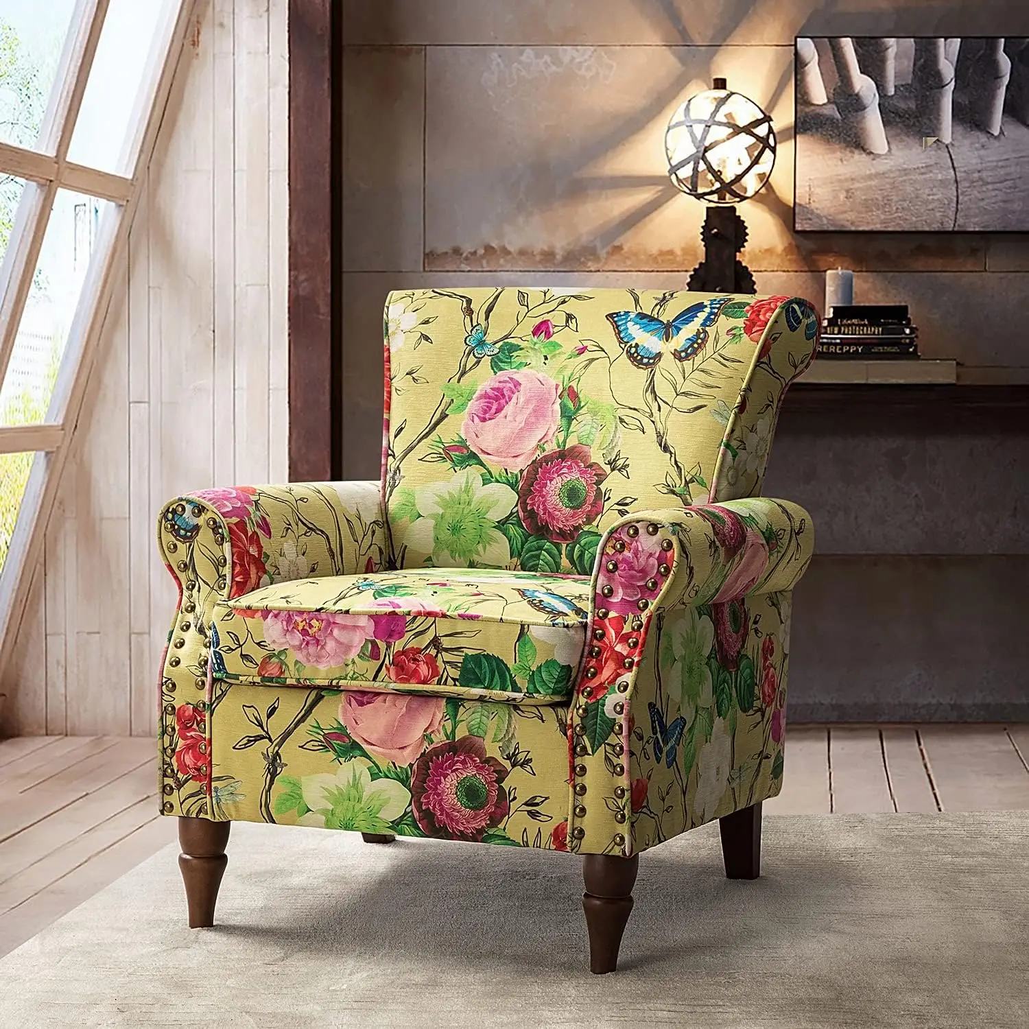 Description Picture 2 of itemModern Wingback Accent Chair with Wood Legs & Removable Cushion, Comfy Upholstered Armchair with Nailhead Trim, Floral Pattern