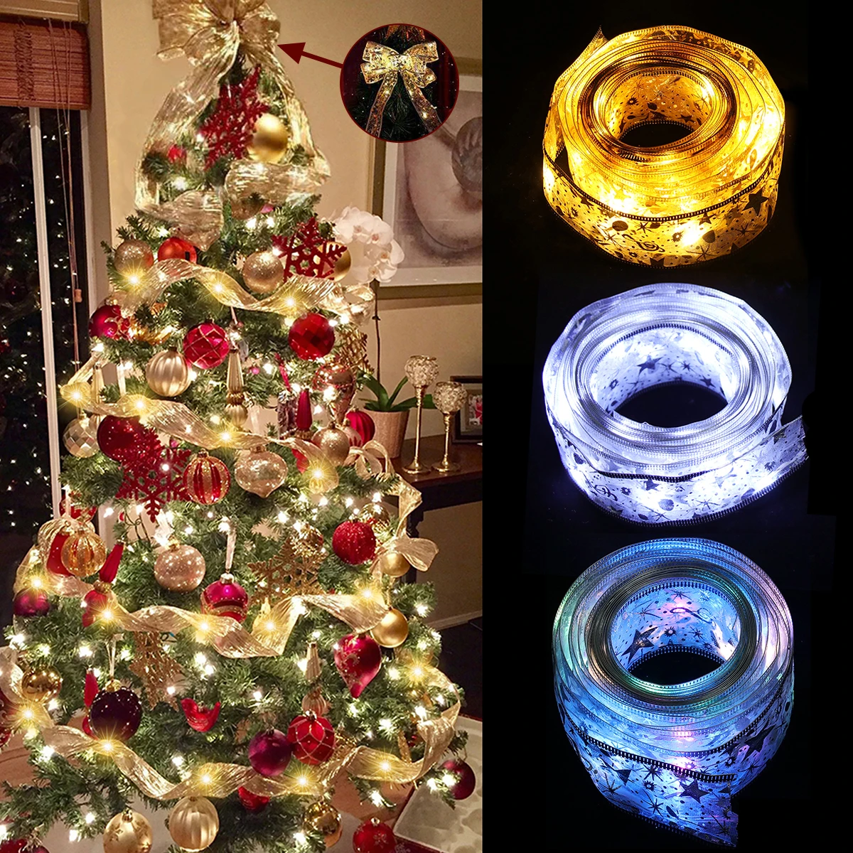 

Christmas Decoration LED Ribbon Fairy Lights Christmas Tree Ornaments for Home 2022 DIY Bows Light String Navidad New Year 2023