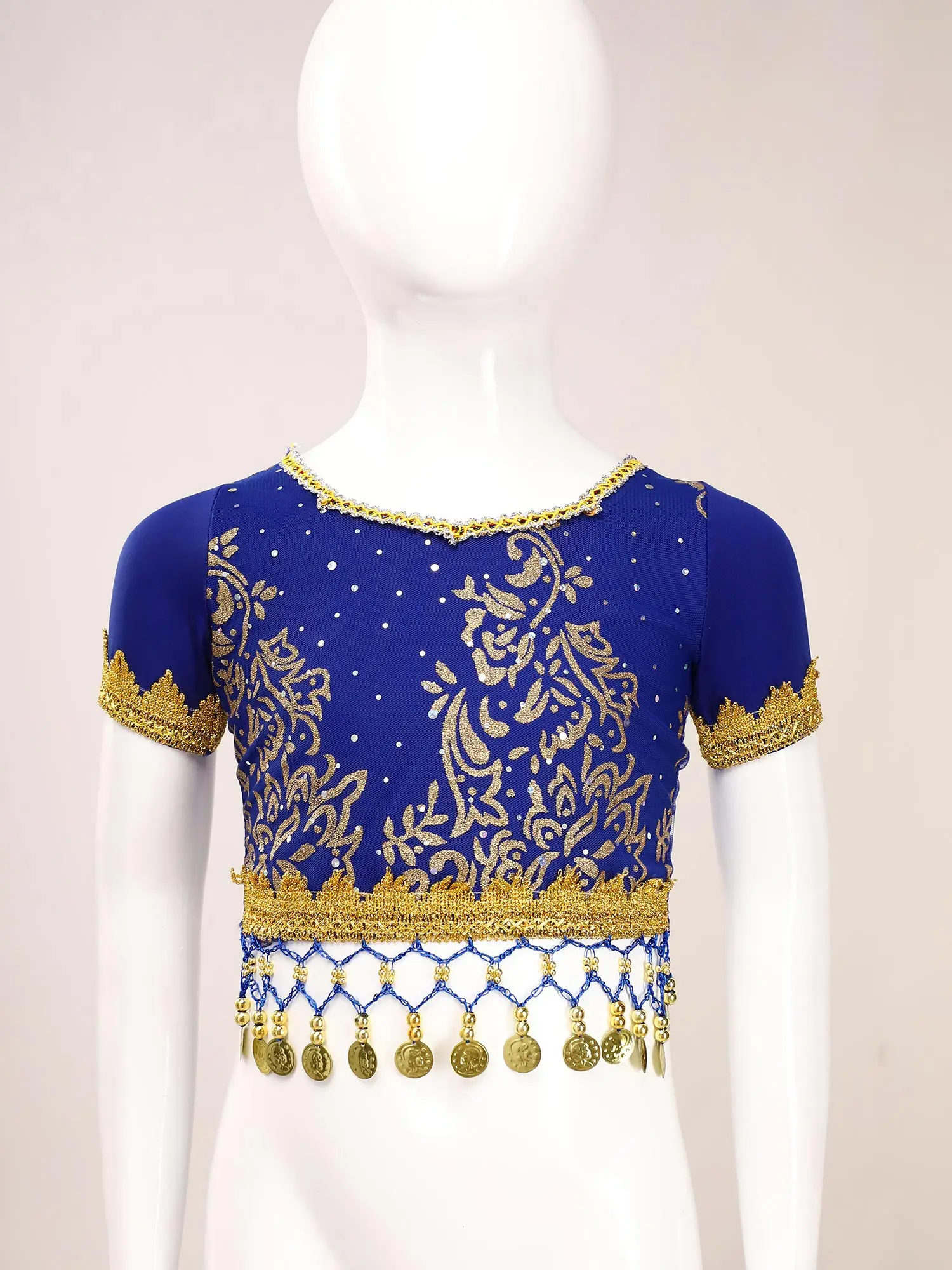 Kids Girls Belly Dance Outfits Shiny Floral Print Short Sleeve Lace-Up Back Sequin Tassels Crop Top Bloomers Pants Waist Chain