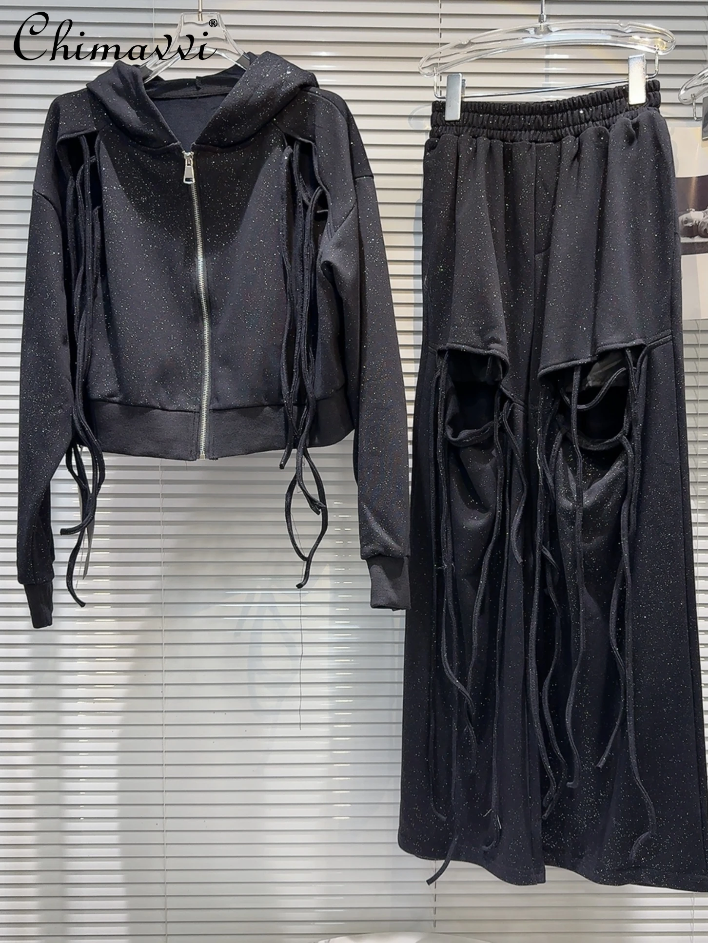 

Casual Women's Outfits 2024 Spring Clothes New Hot Girl Ripped Strap Shiny Sweatshirts Coat Wide Leg Pants Ladies Two-Piece Set