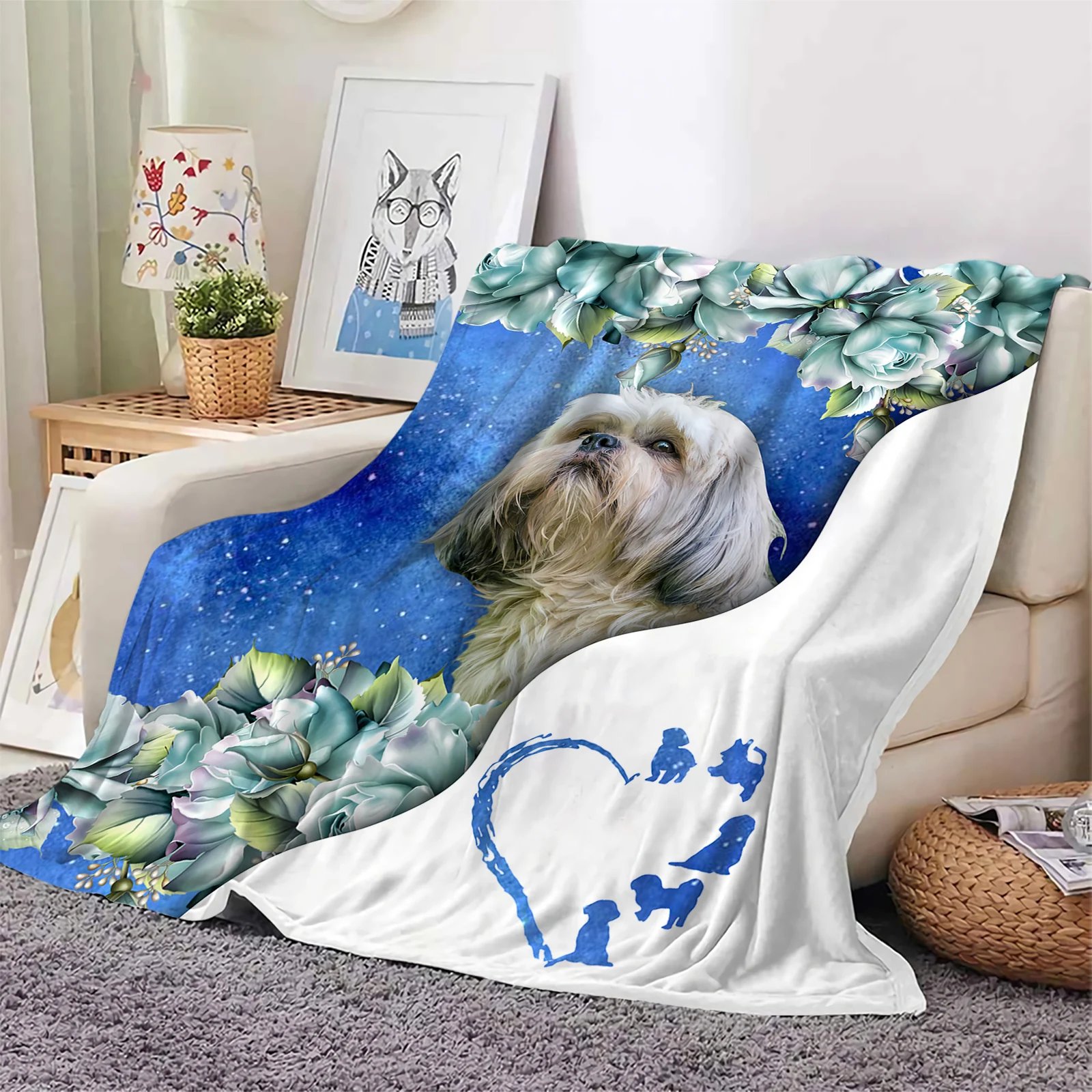 

Фланелевые одеяла Shih Tzu, одеяло с 3D рисунком синих цветов и роз, офисное портативное одеяло для сна и путешествий, Прямая поставка