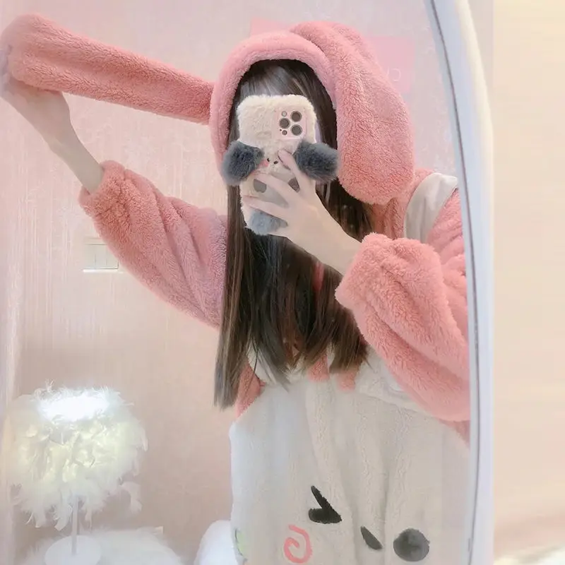 Winter Adult Rabbit Pajamas Onesie One Piece Cosplay Animal Homewear Sleepwear Jumpsuit Costume For Women Thick