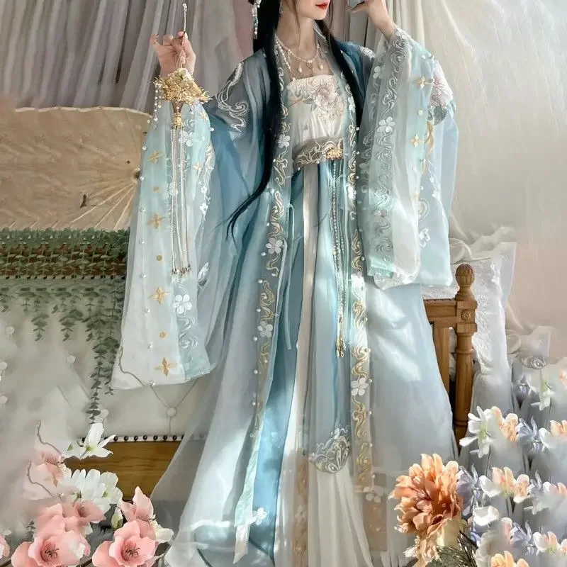 Chest-length Blue Hanfu Embroidery Hanfu Tang Dynasty Oriental Fairy Clothing Aesthetic Ancient Elements Women Skirt Sling 2022 spring and summer tube top skirt two piece fashion sexy sling split short skirt wrapped chest skirt suit women s clothing