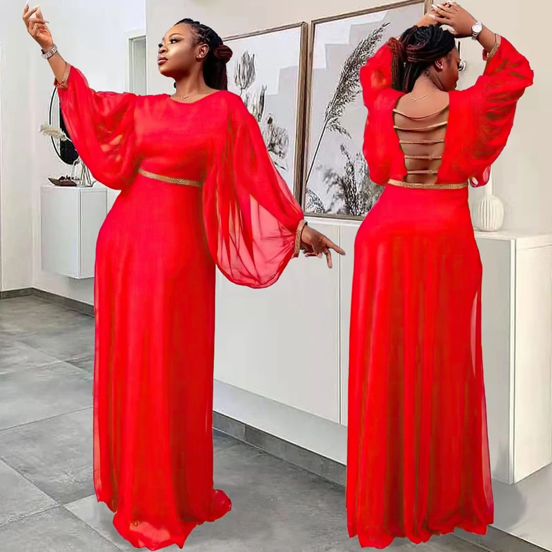 

African Dresses For Women Evening Party Robe Chiffon Lantern Sleeve Backless Maxi Dress African Clothes Vestidos Nightclub