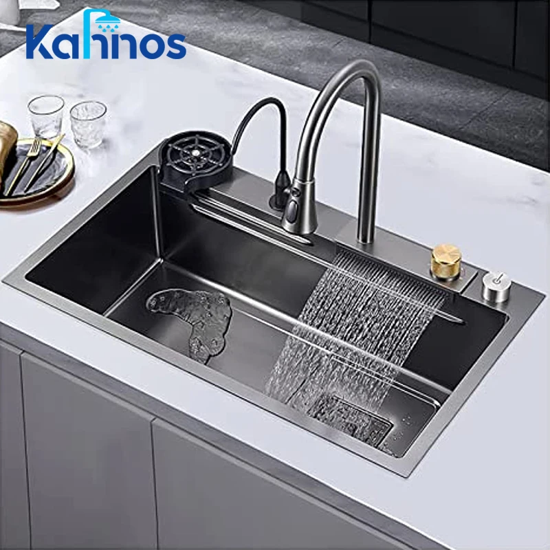 

Waterfall Sink Kitchen Stainless Steel Topmount Sink Filter Large Single Slot Wash Basin With Multifunction Sink Kitchen Faucet