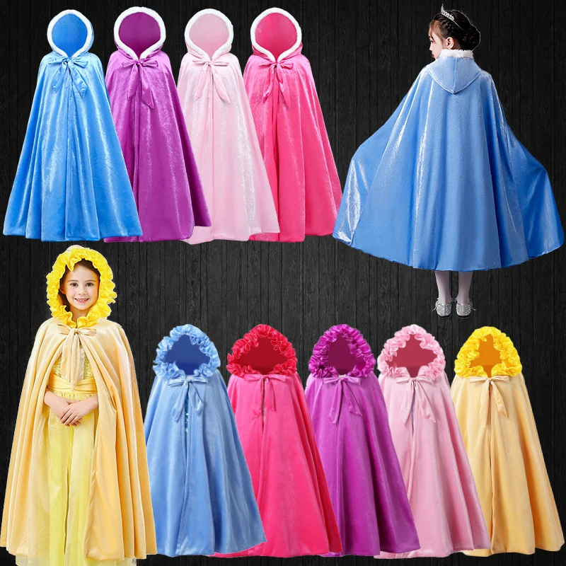 

Winter Girls Velvet Princess Long Cloak Fancy Fairy Cinderella Belle Aurora Rapunzel Kids Floor Length Corduroy Hooded Cape