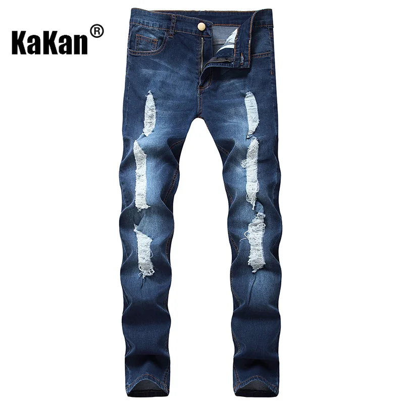 Kakan - European and American Personality Hole Small Foot Tight Men's Jeans, New Blue Versatile Long Jeans K09-082