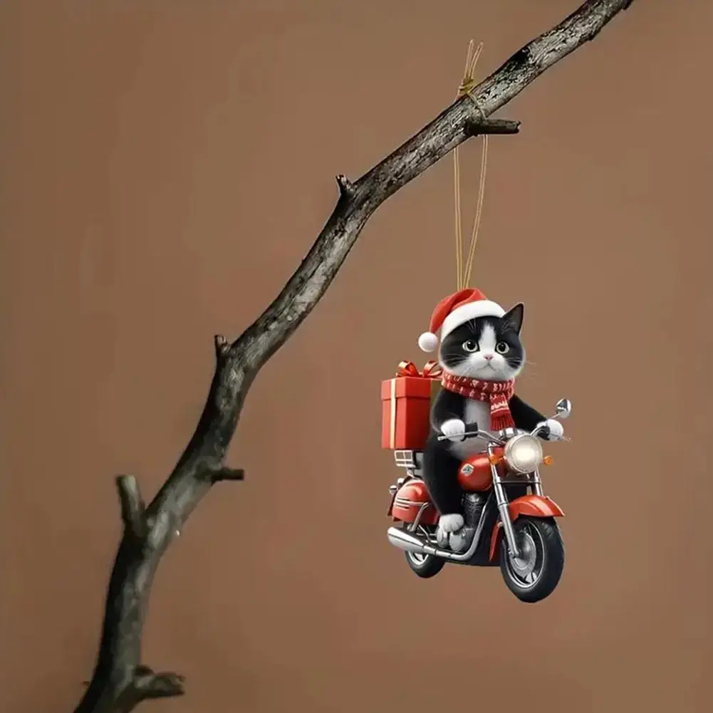Motorcycle Cat Acrylic Hanging Decoration Christmas Tree Car 2D Flat Riding Kitten Hanging Ornament Cartoon Pendant For Christma 5
