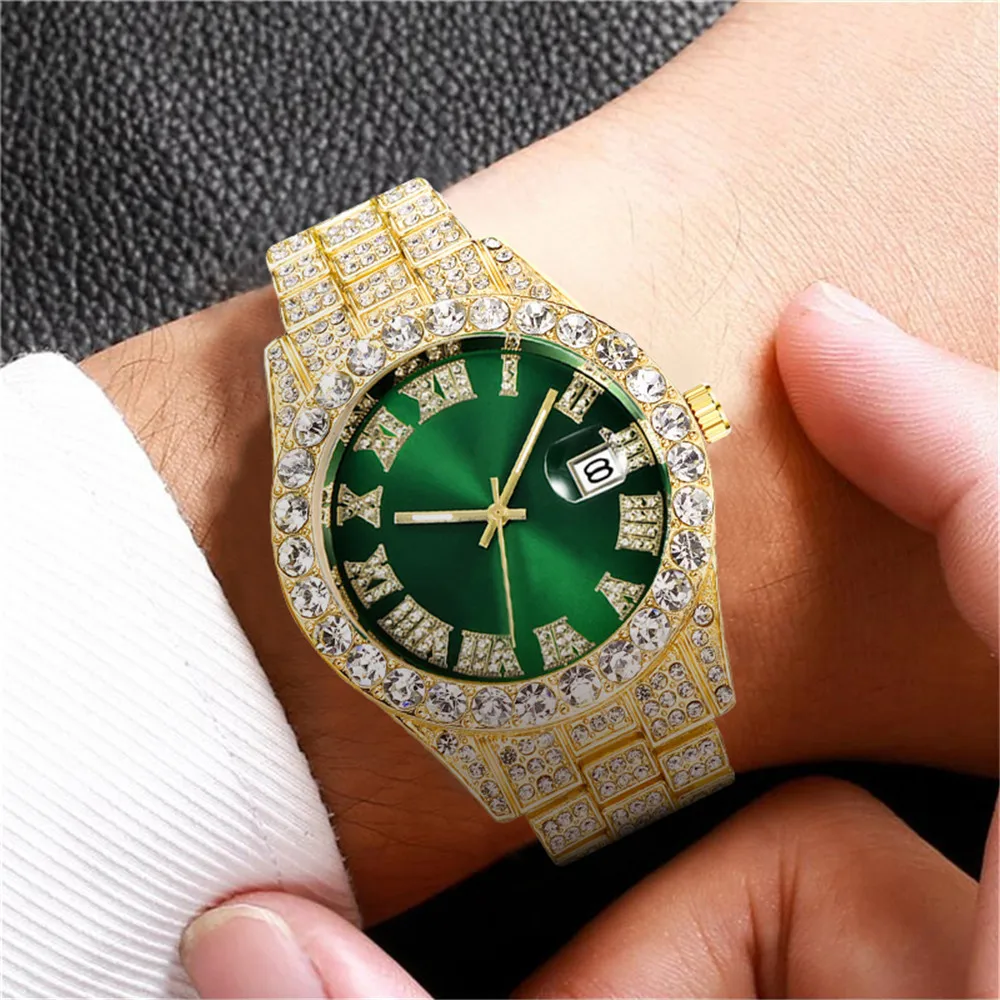 New Hip Hop Iced Out Men Watch Full Rhinestone Around Luxury Quartz Watches Round Clock Unisex Red Dial Wrist Watch Gift 5