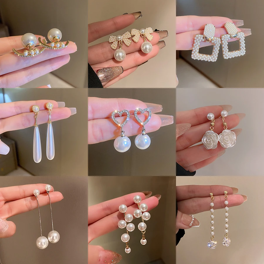 여성용 상감 라인석 기하학 긴 진주 귀걸이, 실버 바늘 드롭 귀걸이, 웨딩 주얼리 도매 패션 