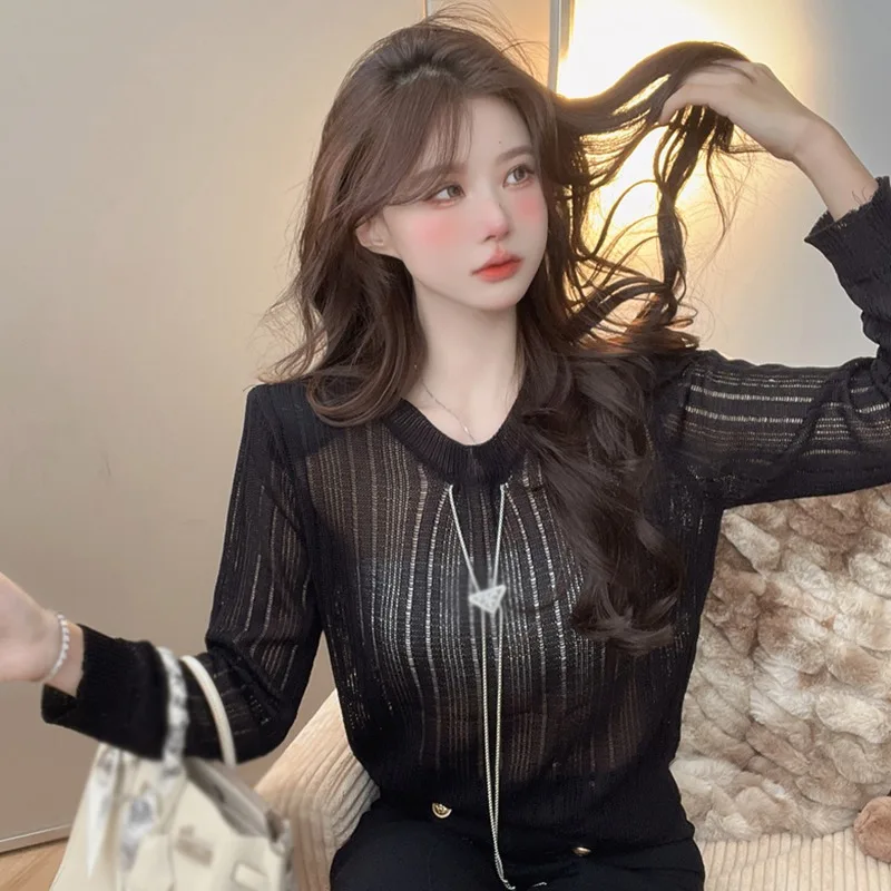 

Knitted Hollow Out Sweaters Women Thin Fashion Loose Long Sleeve New Casual See Through Sexy Pullovers All-match Simple