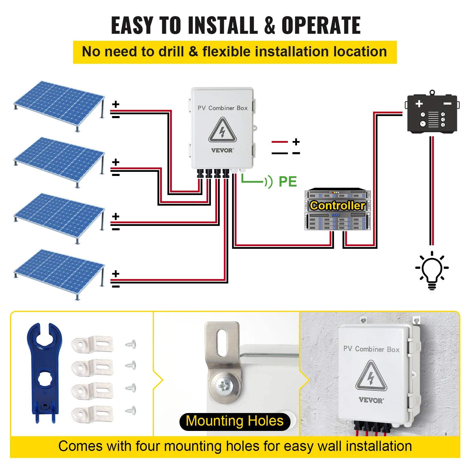VEVOR PV Combiner Box 4 String 6 String IP65 Waterproof Lightning Protection Circuit Breaker for On/Off Grid Solar Panel System solar combiner box