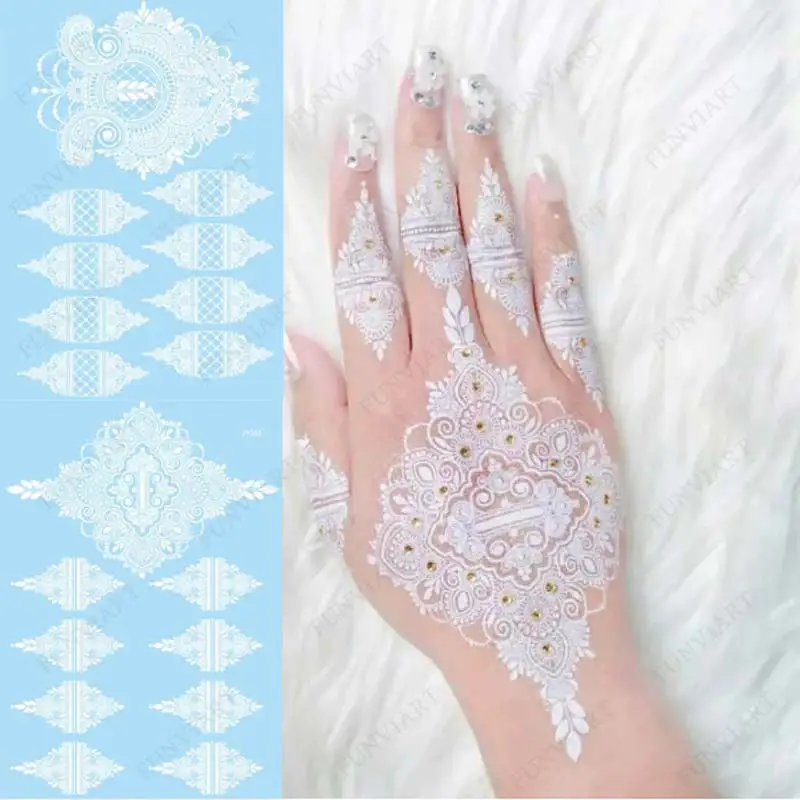 White Henna Tattoo Stickers for Hand Temporary Tattoos for Women Mehndi Women\'s Body Art Wedding Party Fake Tatoo