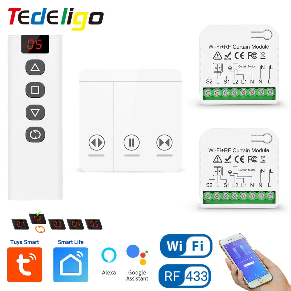 Tedeligo Tuya WiFi RF Smart Curtain Switch 110V 220V Roller Shutter Blinds Control Module With Wireless Remote Work With Alexa