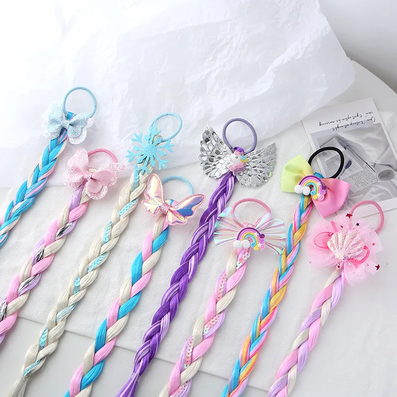 Baby Cute Wigs Ponytail for Kids Girl Candy Cartoon Unicorn Butterfly Bow Ponytail Hair Ornament Rubber Bands Headwear Braid