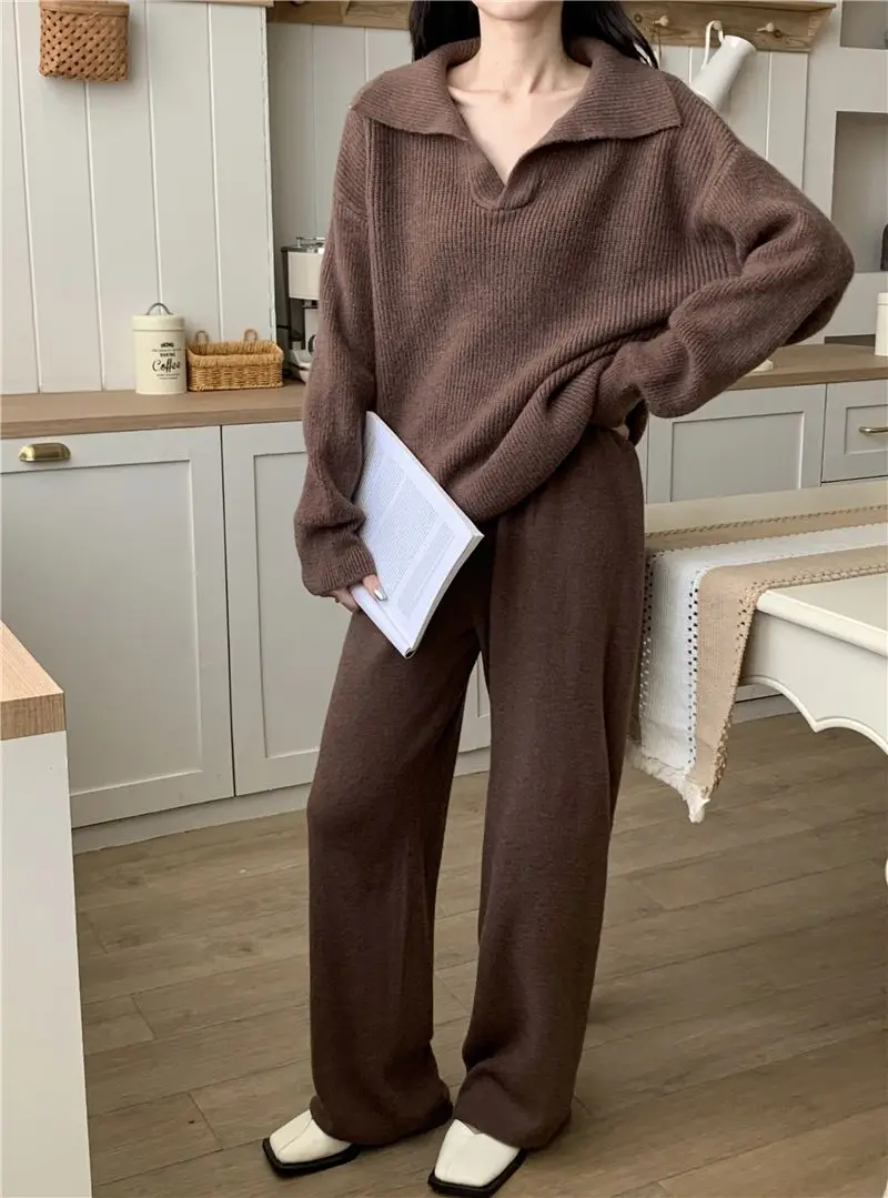 Conjunto de dos piezas de punto para mujer, jersey de solapa, pantalones largos, moda coreana, ropa informal para mujer, prendas de punto nuevas