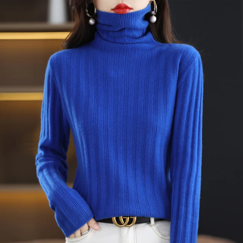 

Женский кашемировый свитер-водолазка, повседневный трикотажный свитер в полоску из 100% чистой шерсти, Осень-зима