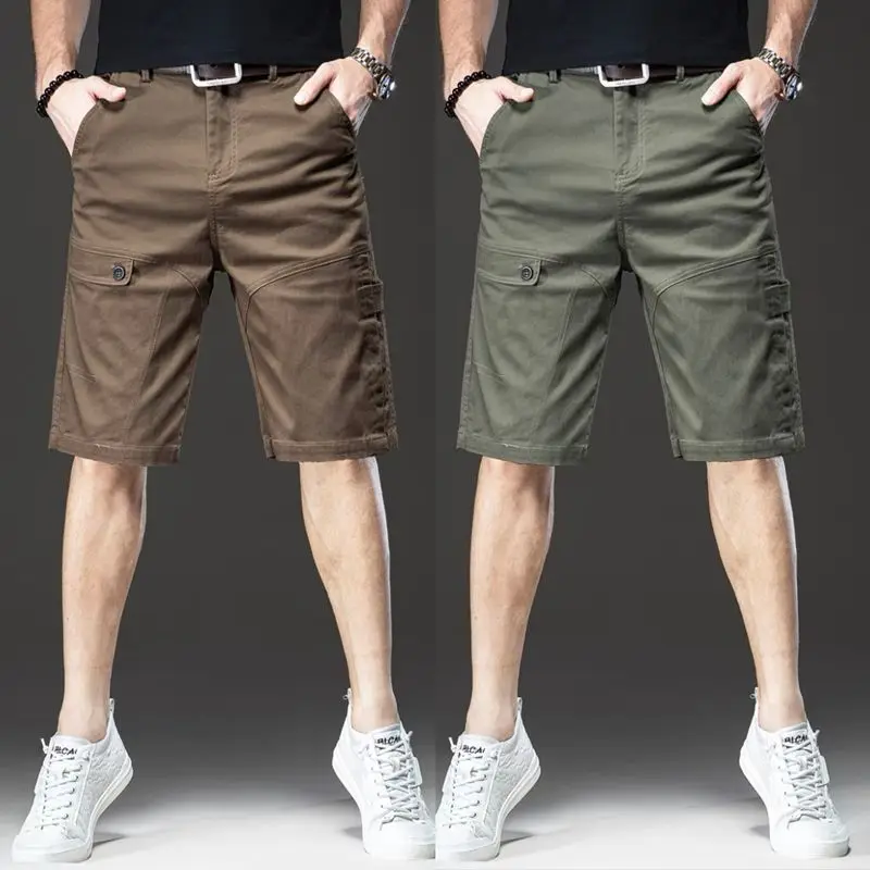 Summer New Fashion Trend Cotton Japan Style Wide Leg Shorts Men's Solid Patchwork Button Zipper Pocket Casual Loose Cargo Shorts