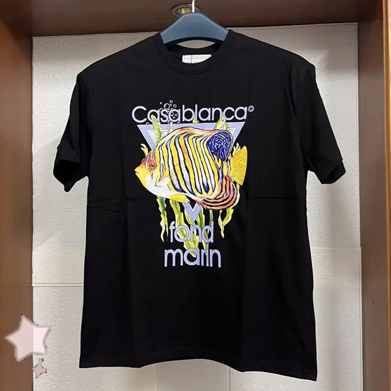 

Versatile Casual Vintage Short Sleeve Top Tee for Men and Women Tropical Fish Print Cotton Black T-shirt Real Photo