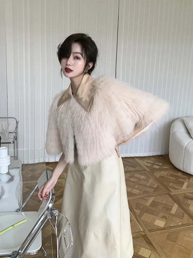 

Dog Raccoon Fur Shawl Cloak Women Fashion Strip Sewed Toghter Real Coat Female Evening Party Elegant Autumn Winter Jacket