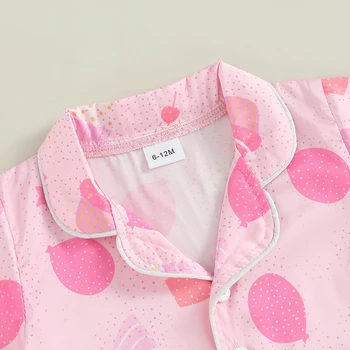 Children s Girls Pajama Set with Fun Cake and Balloon Print Short Sleeve Shirt Top and Shorts 2-Piece Lounge Suit for 1