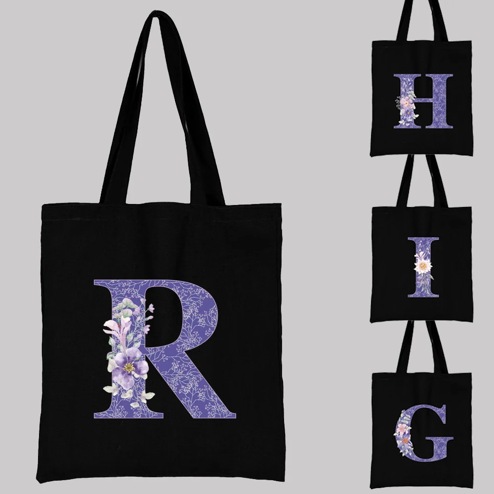 

Canvas Ladies Shopping Bag 2022 Large Capacity Reusable Tote Bags Fashion Purple Flower Letter Printing Women's Shoulder Handbag