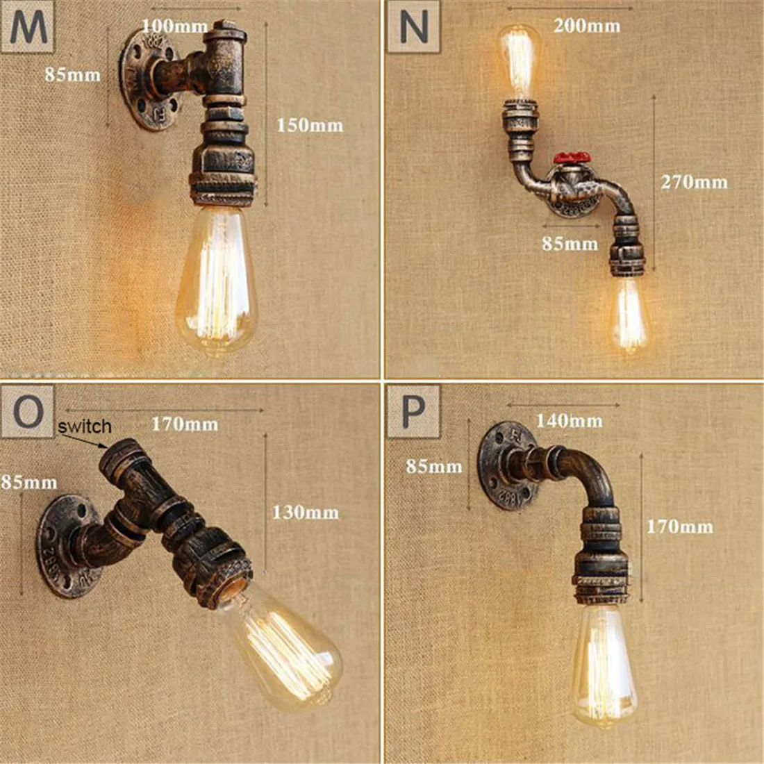 Loft Retro Iron Industrial Water Pipe Wall Light With On Off Switch