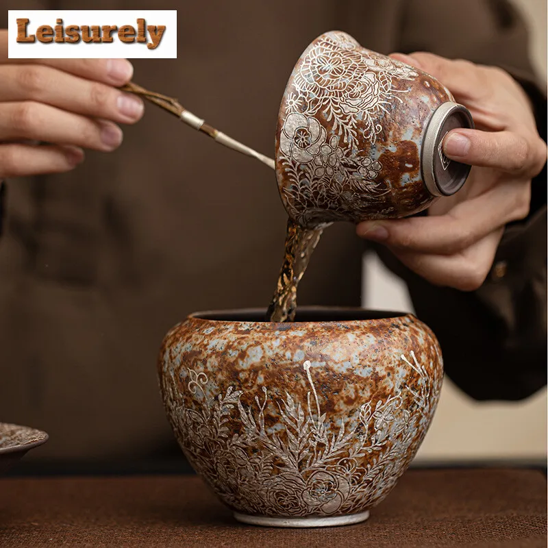 450ml Aesthetic Old Rock Mud Jianshui Gilding Silver Flowers Tea Wash Bowl Writing-brush Washer Chaxi Accessories Decoration