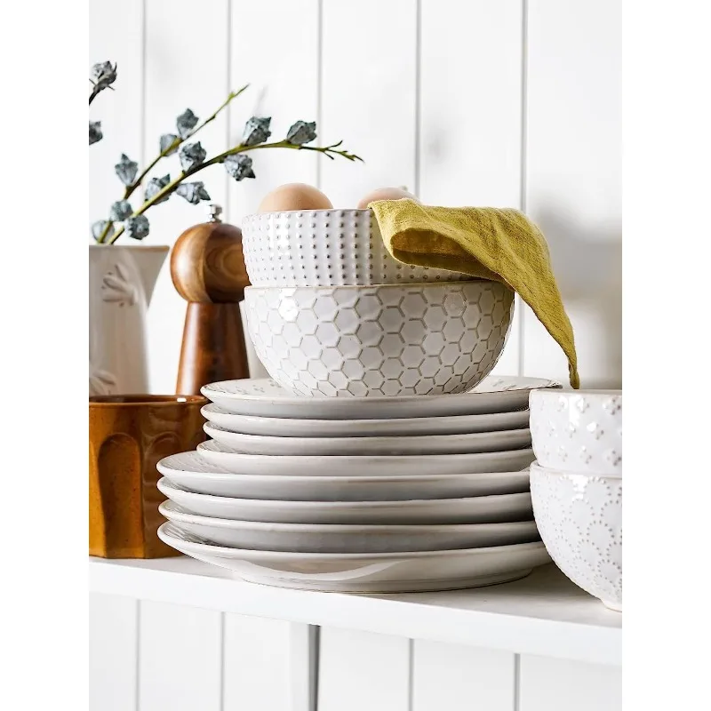 Dinnerware Sets 12 PCS, Ceramic Plates and Bowls Set (10" Dinner Plate + 8" Salad Dish + 26 oz Cereal Bowl) x 4, Oven safe