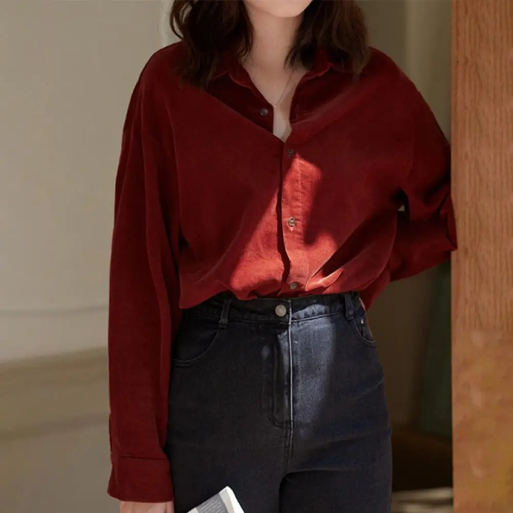 

Women Shirt Pure Color Single-breasted Turn-down Collar Long Sleeve Cardigan Soft Casual Retro Red OL Commute Blouse Lady Top