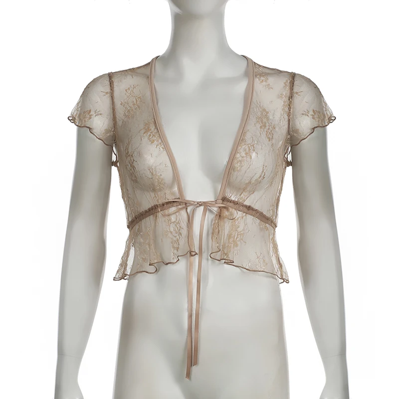 Cárdigan de encaje transparente, top marrón vintage, camiseta corta de manga corta, top informal Y2K con cordones y cuello en V, top bonito, ropa de calle