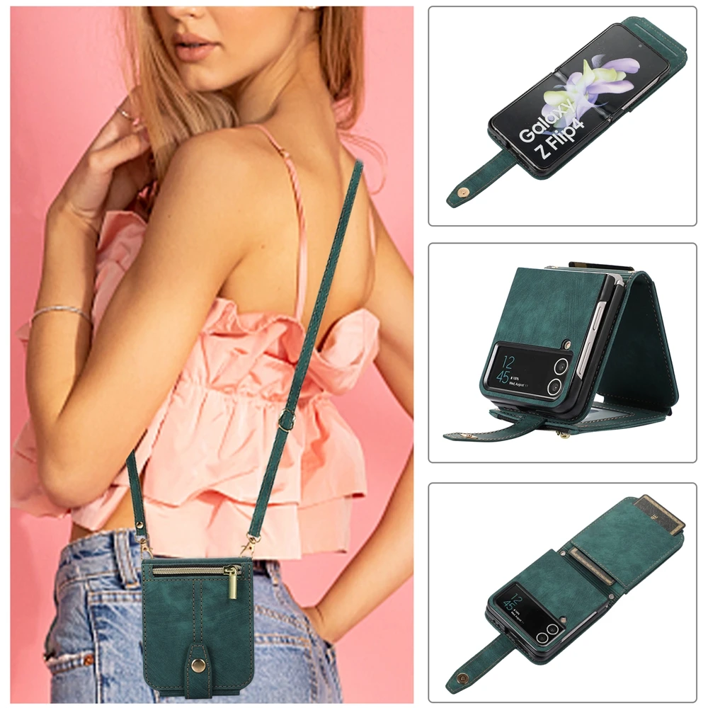 Crossbody Leather Wallet Case with Zipper Phone Cover & Lanyard Strap