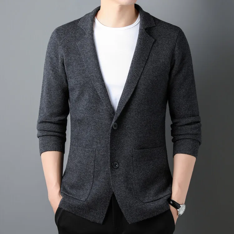 Men 100% Super Fine Merino Wool Blazer Coat 2024 Spring Autumn Knitted Pure Wool Man Single Breasted Cardigan 5