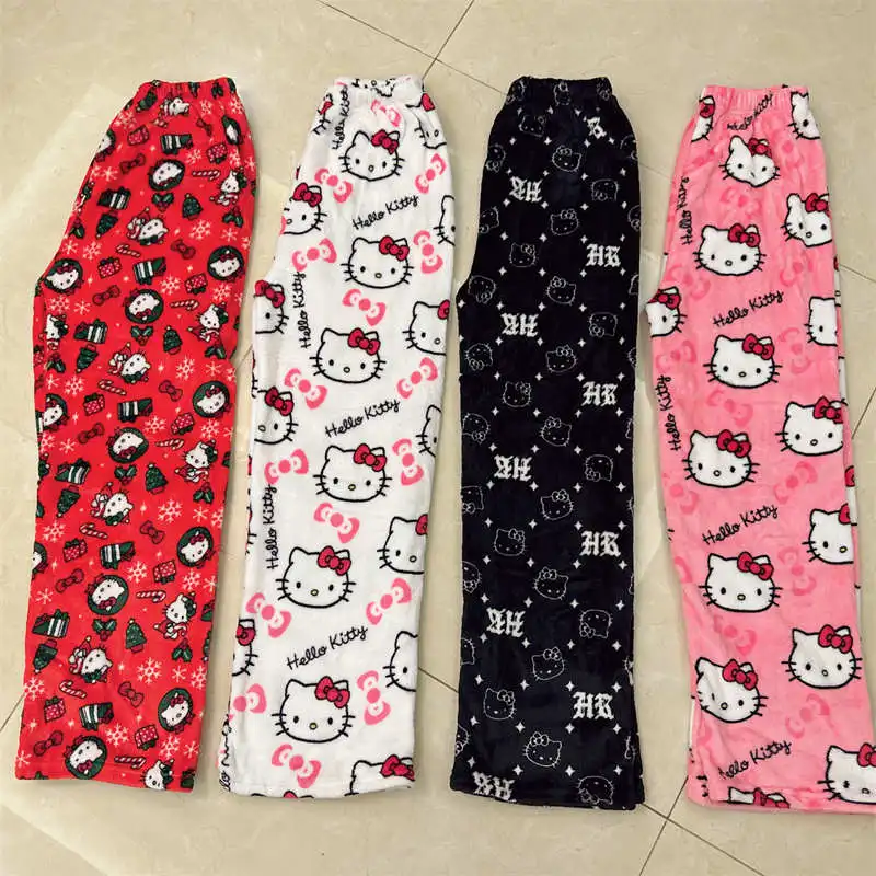 Sanrio Hello Kitty Fleece Coral Pajama Pants Women Casual Home Trousers Kawaii Anime Cartoon Birthday Gift